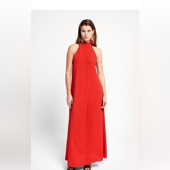 Zara Dresses & Skirts - Zara Womens LG Red Satin Maxi Dress Low Back Tie Neck Formal Holiday
